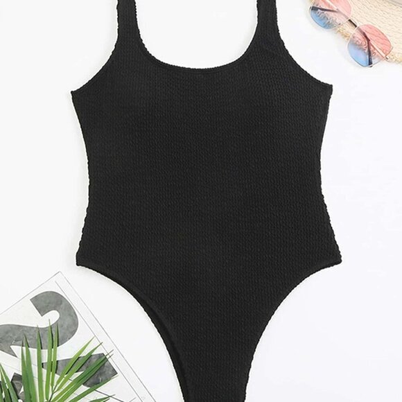 Black Women's Solid Color Sport One Piece Swimsuit Candy Color Textured Fabric - Picture 3 of 4